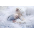 A woman lies entwined in a sheer white lace bridal wedding veil with floral embroidery and sheer tulle fabric