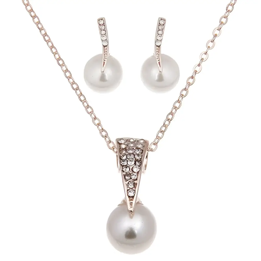 Silver-toned bride rhinestone pearl necklace with triangular crystal pendant and single white pearl drop for bridal wear