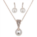 Silver-toned bride rhinestone pearl earrings necklace set with crystal-encrusted triangular pendant and white pearls