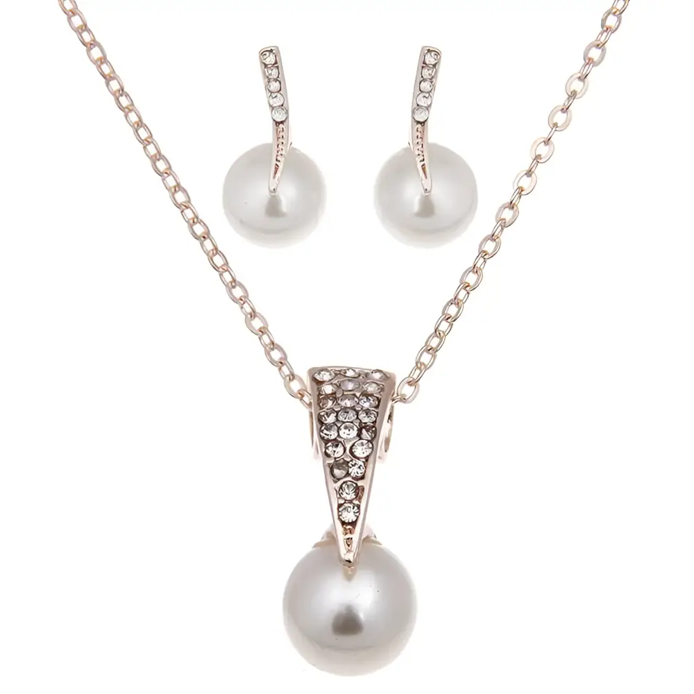 Silver-toned bride rhinestone pearl earrings necklace set with crystal-encrusted triangular pendant and white pearls
