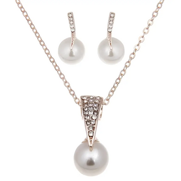 Silver-toned bride rhinestone pearl earrings necklace set with crystal-encrusted triangular pendant and white pearls