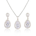 Silver-toned bright big zircon water drops jewelry set with teardrop pendant necklace and matching earrings with crystals