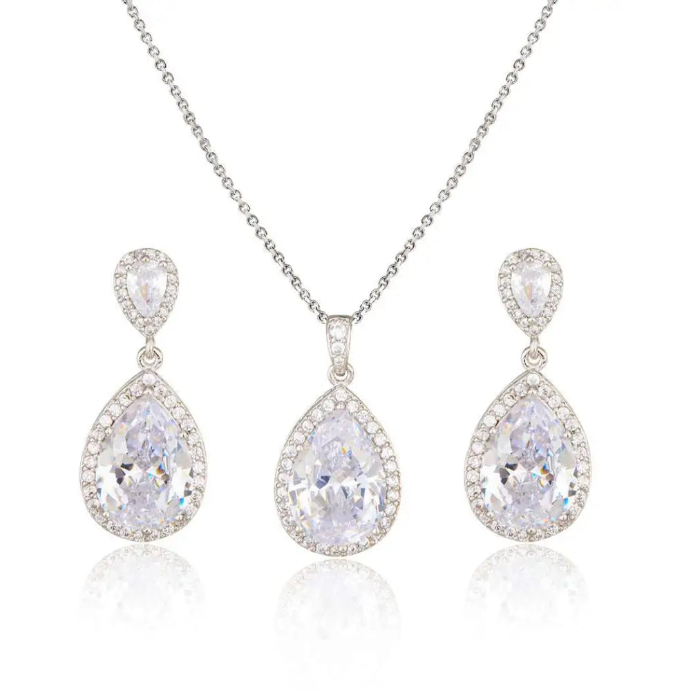 Silver-toned bright big zircon water drops jewelry set with teardrop pendant necklace and matching earrings with crystals