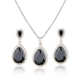 Elegant bright big zircon water drops necklace and matching earrings set with black teardrop stones and silver crystals