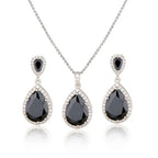 Elegant bright big zircon water drops necklace and matching earrings set with black teardrop stones and silver crystals