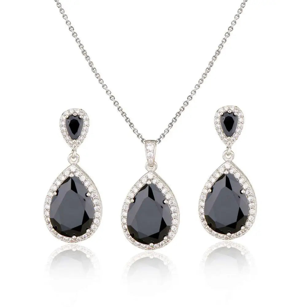 Elegant bright big zircon water drops necklace and matching earrings set with black teardrop stones and silver crystals