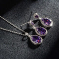 Elegant silver-toned bright big zircon jewelry set with teardrop purple amethyst and matching zircon water drops earrings