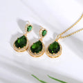 Elegant gold-toned bright big zircon water drops jewelry set with teardrop emerald crystals and matching earrings