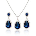 Elegant navy blue bright big zircon water drops jewelry set with teardrop pendant necklace and matching earrings featuring clear crystals