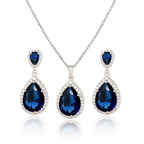 Elegant navy blue bright big zircon water drops jewelry set with teardrop pendant necklace and matching earrings featuring clear crystals