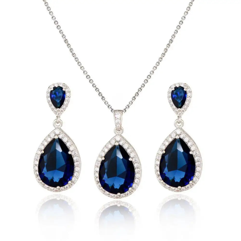 Elegant navy blue bright big zircon water drops jewelry set with teardrop pendant necklace and matching earrings featuring clear crystals