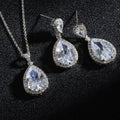 Elegant silver-toned bright big zircon water drops jewelry set featuring teardrop pendant necklace and matching earrings