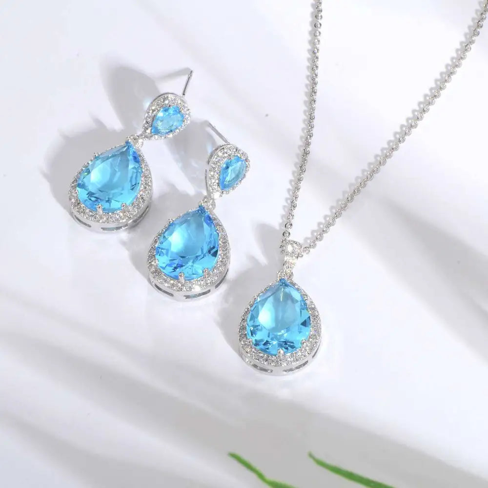 Elegant blue teardrop bright big zircon water drops jewelry set with matching earrings in silver-toned metal with clear gemstones