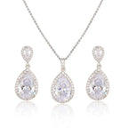 Silver-toned bright big zircon water drops jewelry set with teardrop pendant necklace and matching earrings featuring clear crystals