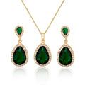 Elegant gold-toned bright big zircon water drops jewelry set with deep green emerald stones and matching earrings