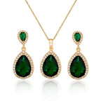 Elegant gold-toned bright big zircon water drops jewelry set with deep green emerald stones and matching earrings
