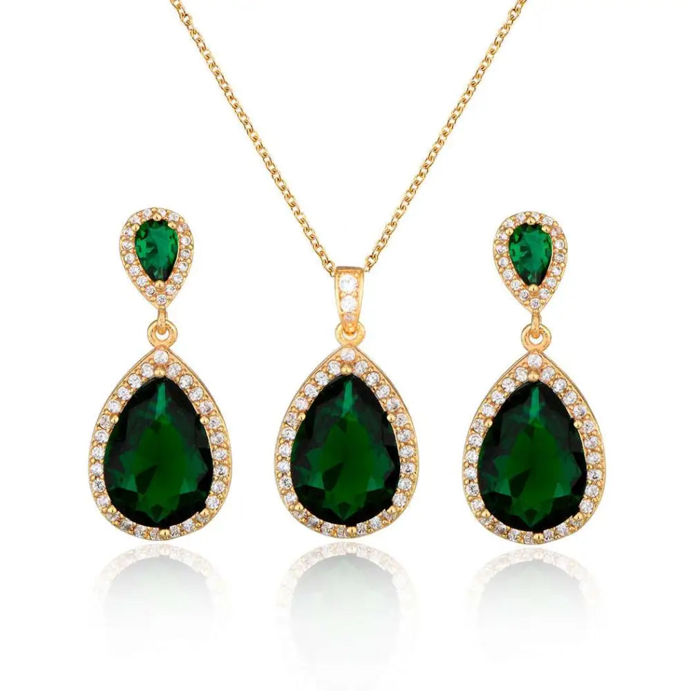Elegant gold-toned bright big zircon water drops jewelry set with deep green emerald stones and matching earrings
