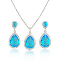 Elegant turquoise bright big zircon water drops necklace and matching earrings set with silver-toned sparkling frame