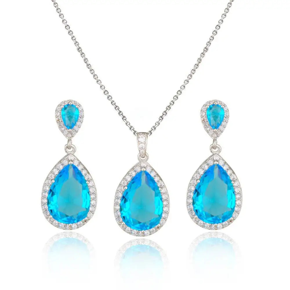 Elegant turquoise bright big zircon water drops necklace and matching earrings set with silver-toned sparkling frame