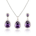Elegant purple amethyst bright big zircon water drops pendant necklace and matching earrings set with silver metal