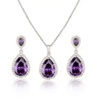 Elegant purple amethyst bright big zircon water drops pendant necklace and matching earrings set with silver metal