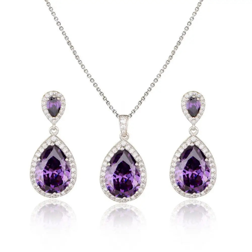 Elegant purple amethyst bright big zircon water drops pendant necklace and matching earrings set with silver metal