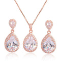 Elegant rose gold bright big zircon teardrop pendant necklace and matching earrings with pink gemstones and clear crystals