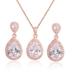 Elegant rose gold bright big zircon teardrop pendant necklace and matching earrings with pink gemstones and clear crystals