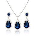 Elegant navy blue bright big zircon water drops jewelry set with teardrop pendant and matching earrings in silver-tone metal