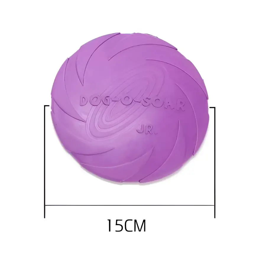 Purple dog training rubber frisbee with textured ridged surface embossed with dog-o-soar jr for bright colorful dog use