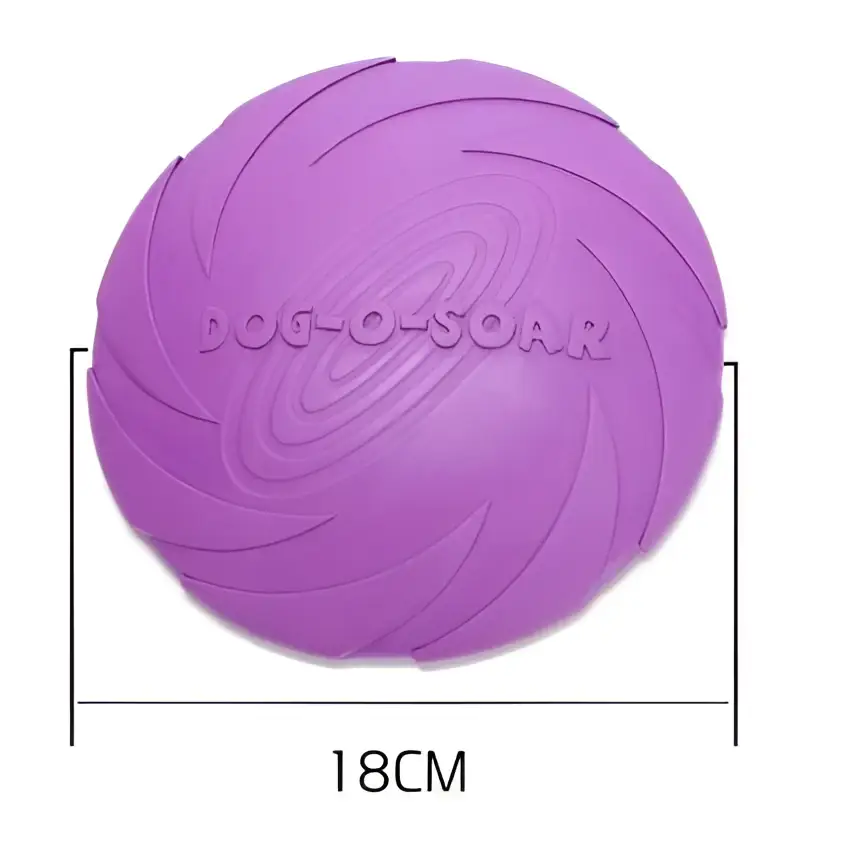 Bright colorful dog training rubber frisbee in purple with textured spiral design and dog-o-soar brand for pet dog training