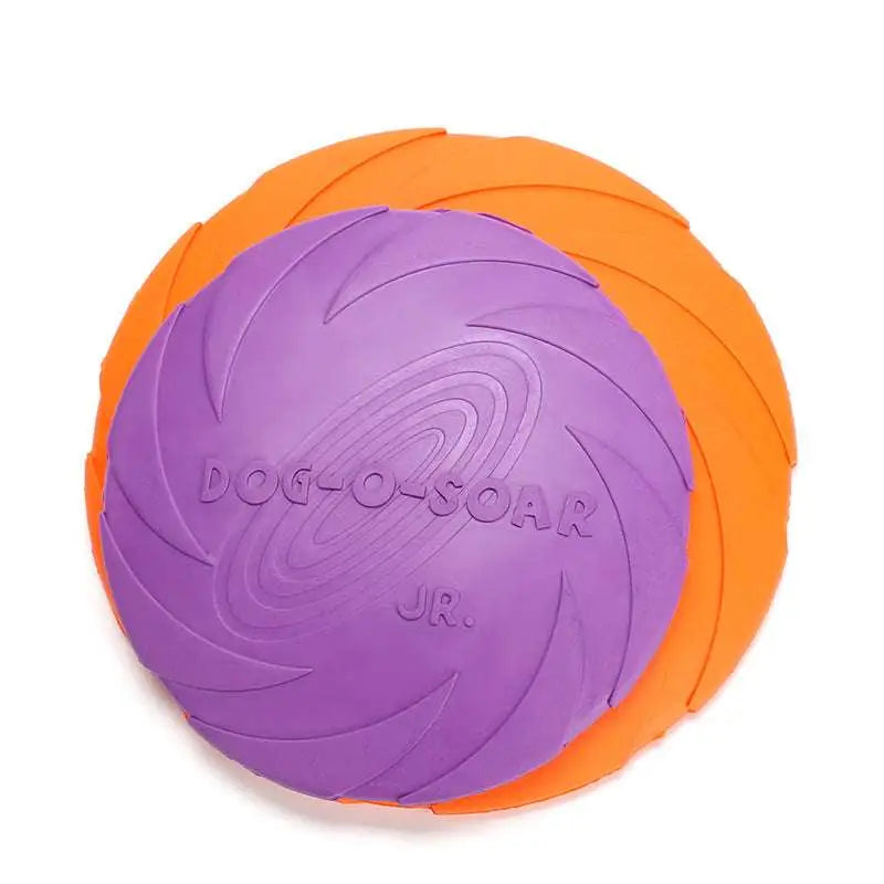 Bright colorful dog training rubber frisbees in yellow red purple green and orange embossed with dog-o-soar brand name