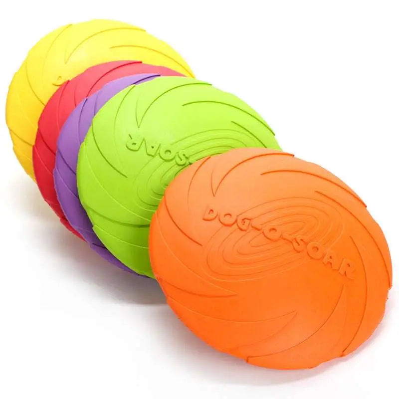 Bright colorful dog training rubber frisbees in yellow red purple green and orange embossed with dog-o-soar brand name