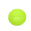 Bright lime green textured dog training rubber frisbee with embossed dogo-seal branding for pet dog training