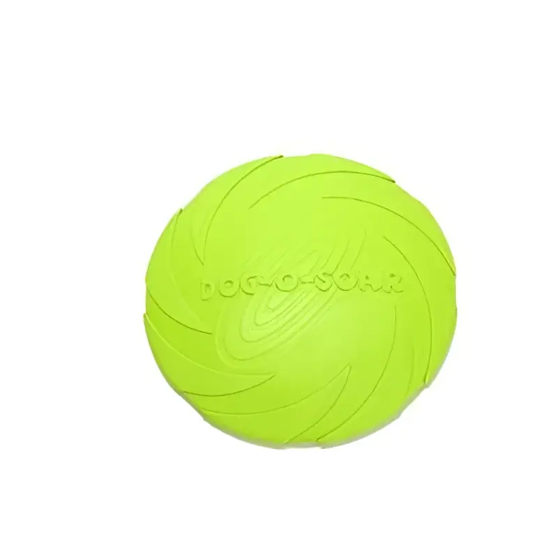 Bright lime green textured dog training rubber frisbee with embossed dogo-seal branding for pet dog training