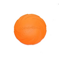 Orange bright colorful dog training rubber frisbee toy with embossed dog-o-scarf branding for pet dog training