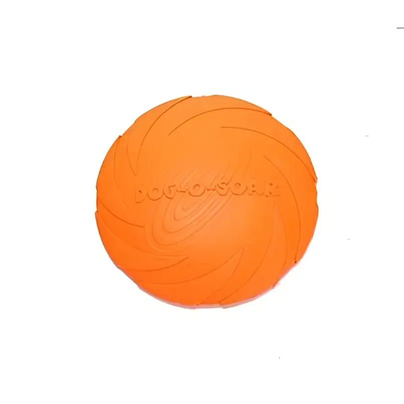 Orange bright colorful dog training rubber frisbee toy with embossed dog-o-scarf branding for pet dog training