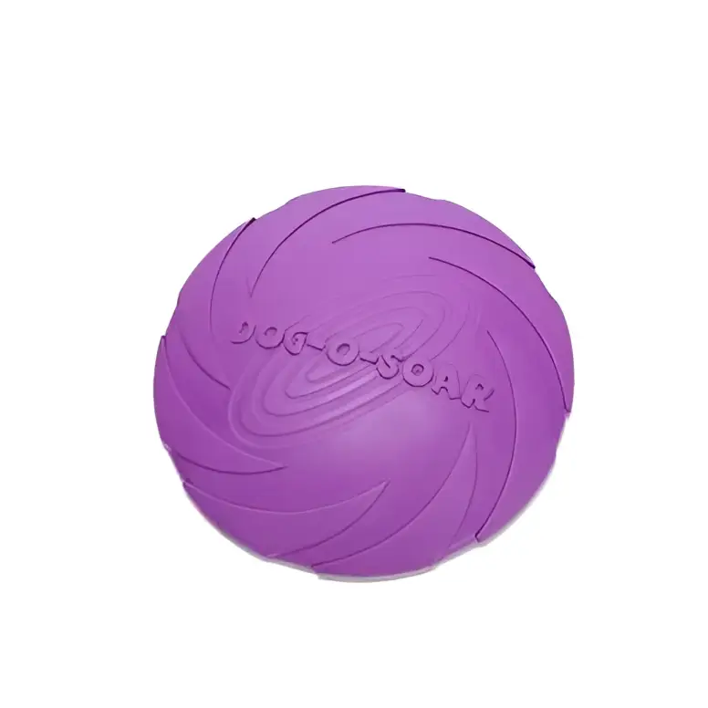 Purple dog training rubber frisbee with embossed jog-o-soar branding in bright colorful dog training toy design