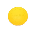 Bright colorful dog training rubber toy in textured yellow material with ridged surface and embossed brand name