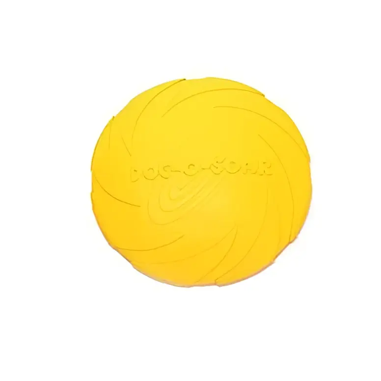 Bright colorful dog training rubber toy in textured yellow material with ridged surface and embossed brand name