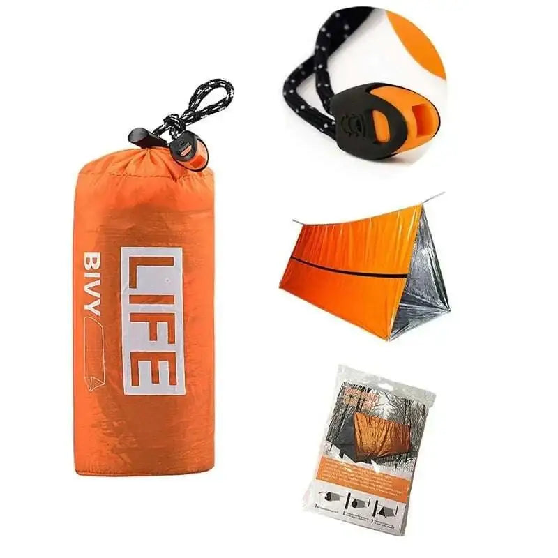Bright orange survival tube emergency tent bivy shelter in compact stuffable bag with built-in whistle and carabiner strap