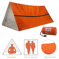 Bright orange survival tube emergency tent with reflective silver interior, black trim, lightweight design, and built-in whistle