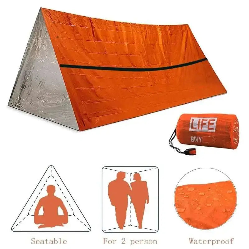 Bright orange survival tube emergency tent with reflective silver interior, black trim, lightweight design, and built-in whistle
