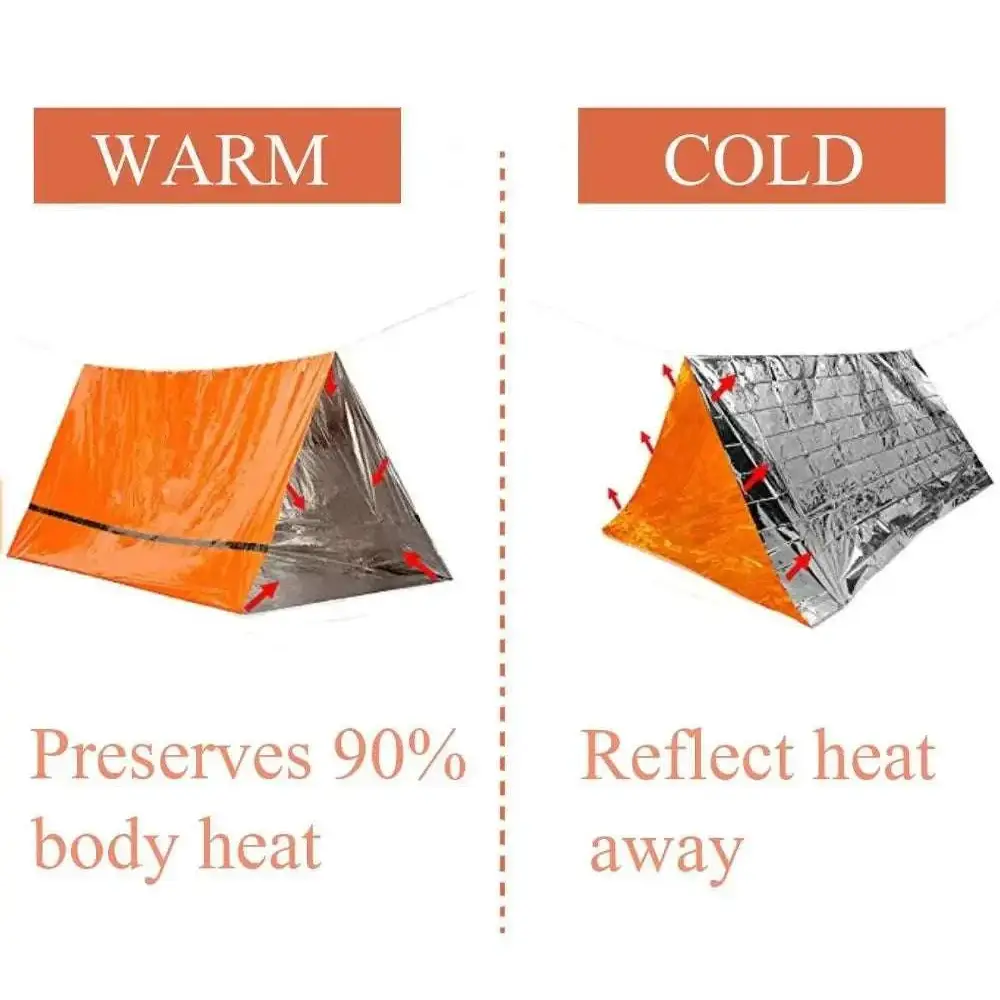 Bright orange survival tube emergency tent with silver reflective emergency blanket and built-in whistle for heat preservation