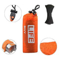 Bright orange waterproof survival tube emergency bag with life branding black drawstring closure and built-in whistle