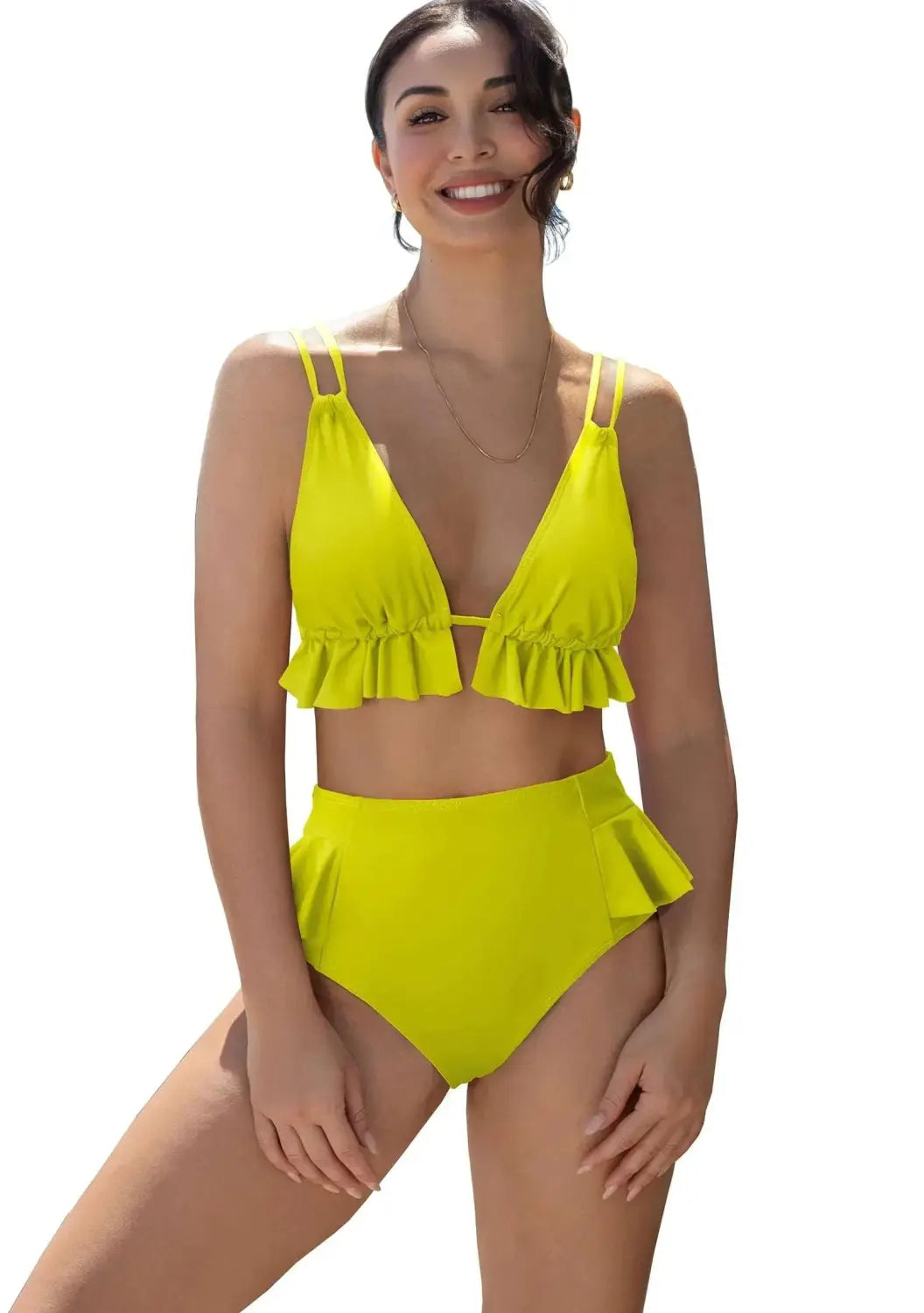 bright yellow triangle bikini set with ruffled trim on top and high waist bottom ideal for stylish swimwear in 2026.