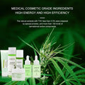 A set of five green and white spring tree cbd brightening moisturising skincare products including toner lotion serum oil and cream