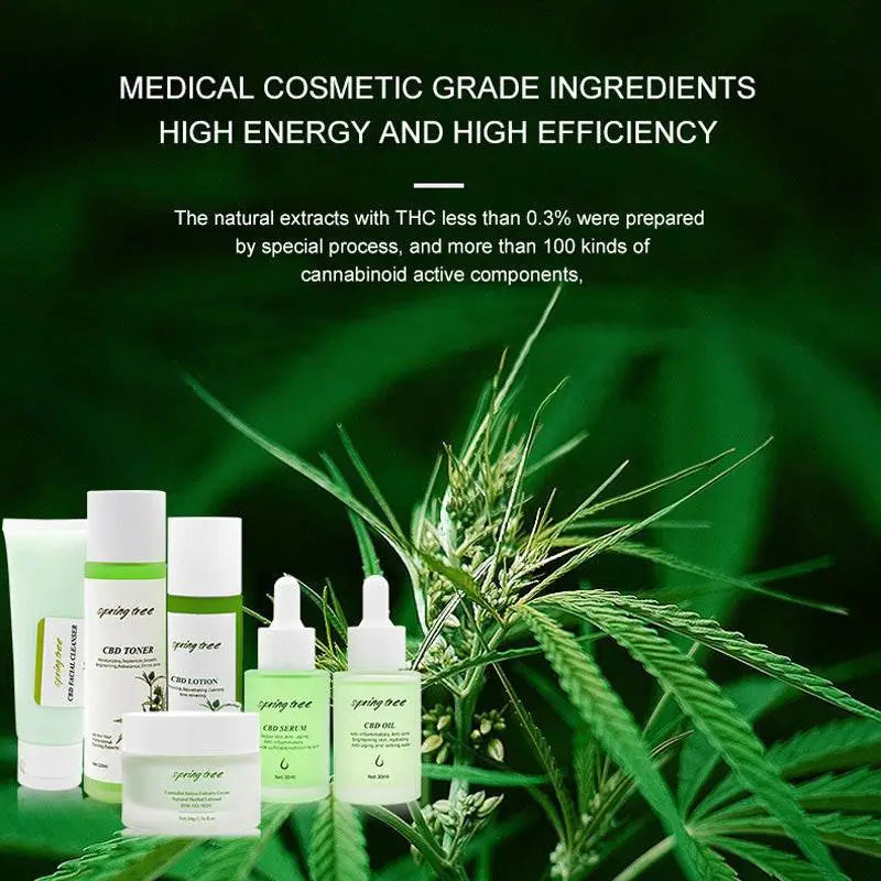 A set of five green and white spring tree cbd brightening moisturising skincare products including toner lotion serum oil and cream
