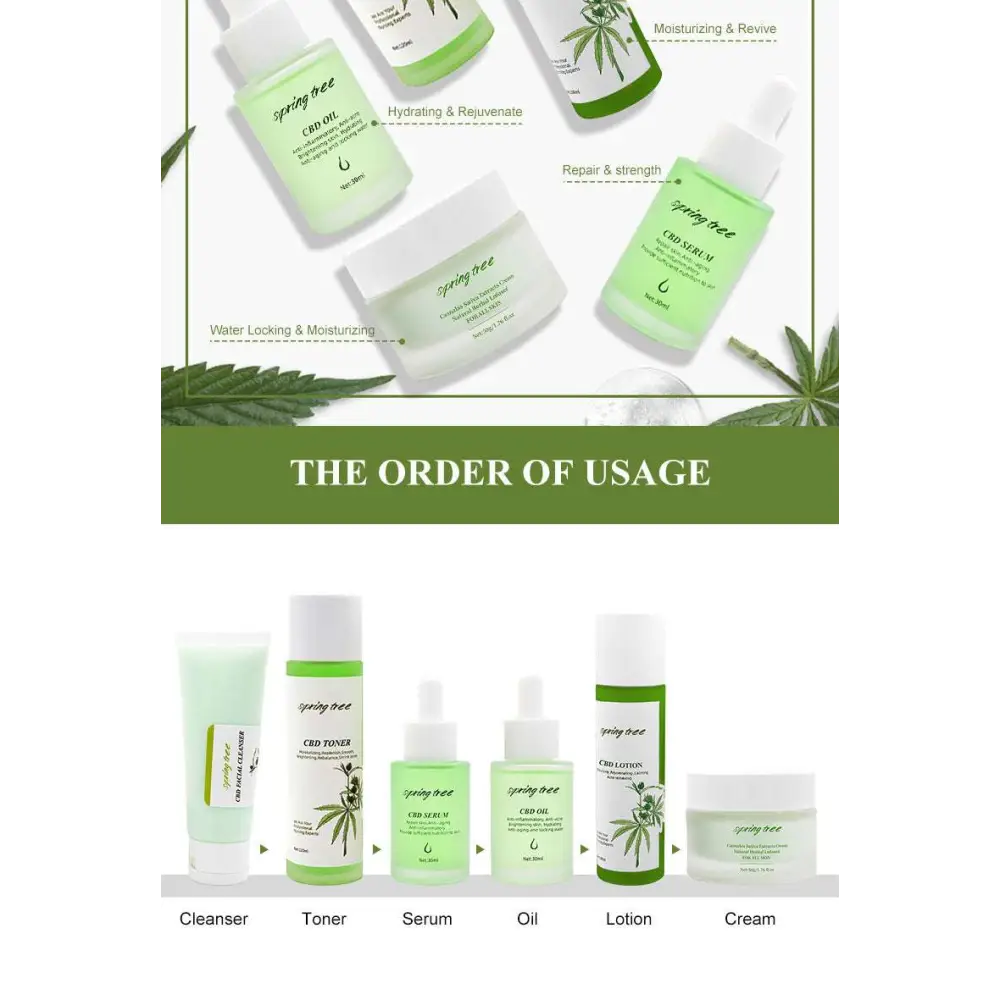 Green and white spring tree cbd brightening moisturising skincare set with bottles tubes and jars for skincare gift