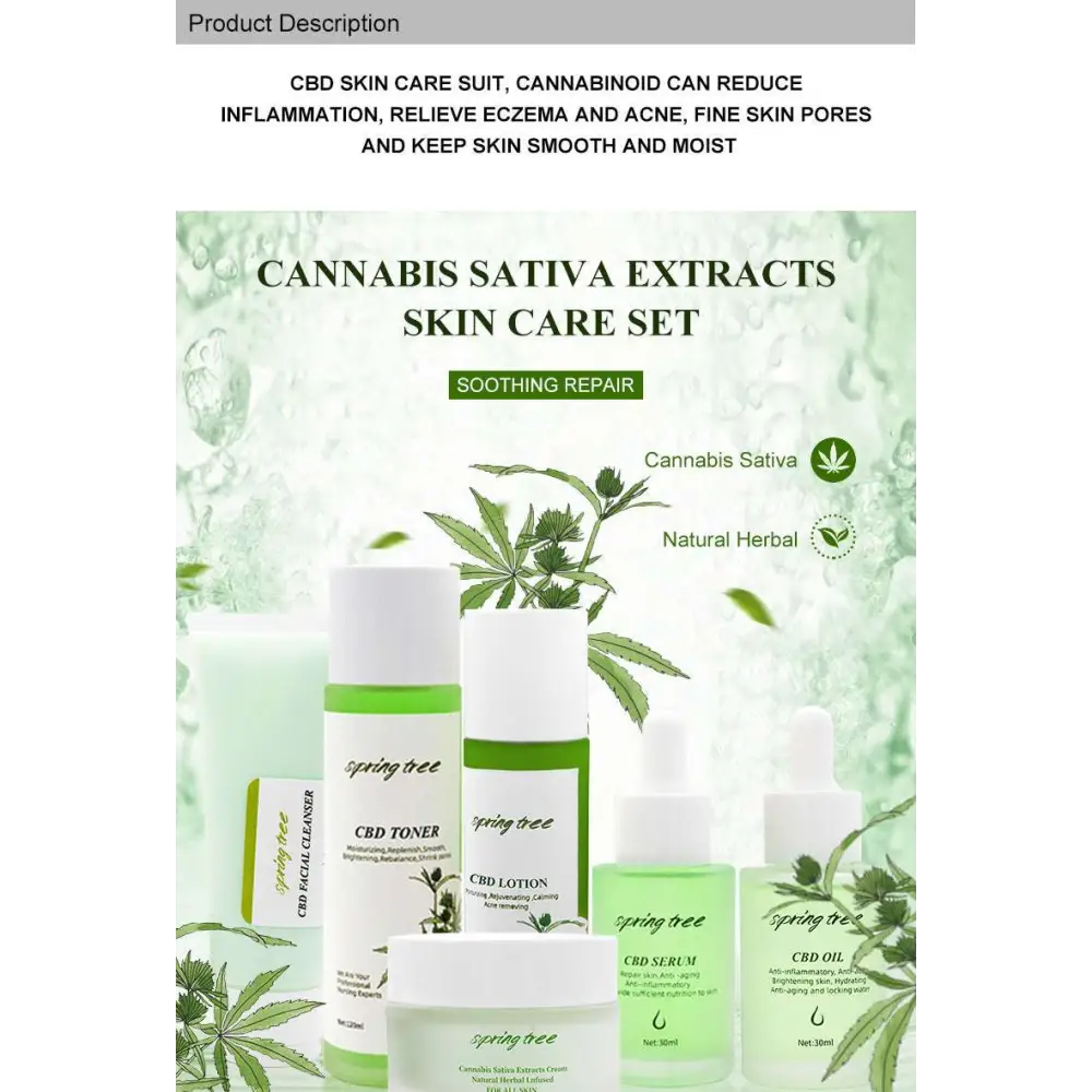 Spring tree brand cbd brightening moisturising skincare set with clear glass bottles green liquid and matching jar gift set